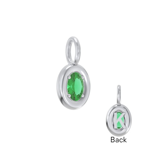 Oval Frame Stone Charm With Back Initial – Sterling Silver with Emerald