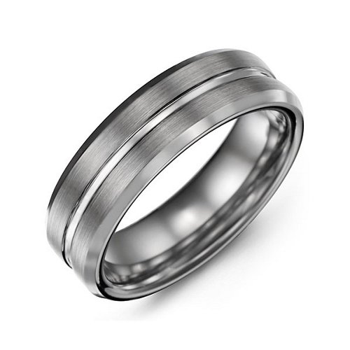 Men's Beveled & Grooved Tungsten Ring with Brushed Finish