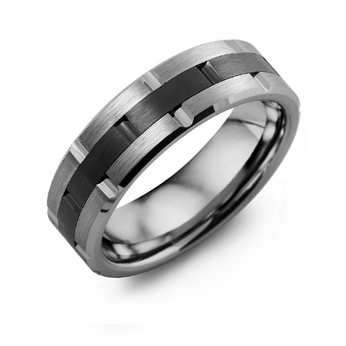 Men's Grooved Brushed Tungsten Ring with Ceramic Inlay