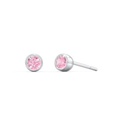 Kids Bezel Set Birthstone Stud Earrings – Sterling Silver with Pink Tourmaline