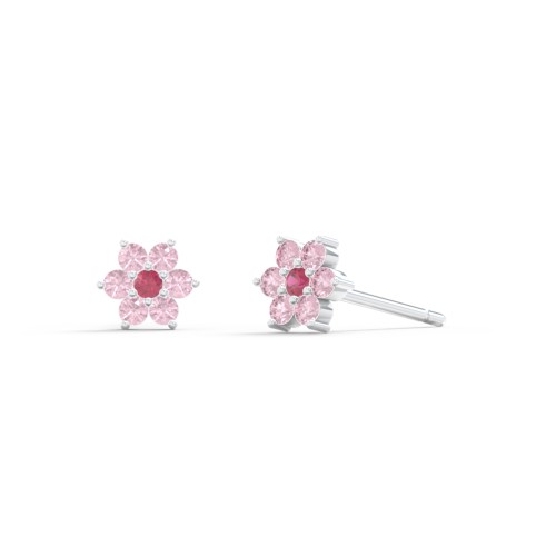 Kids Birthstone Flower Cluster Stud Earrings – Sterling Silver with Red Premium Zirconia and Fancy Pink Premium Zirconia