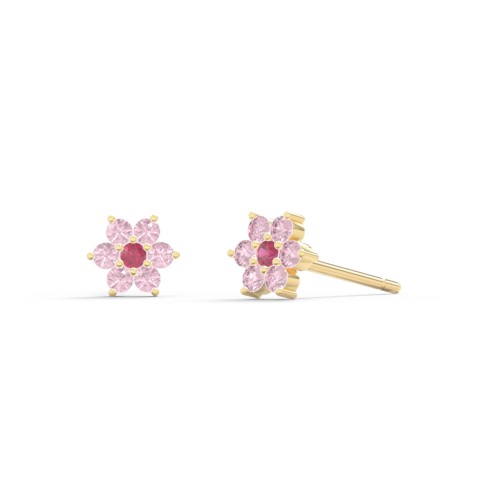 Kids Birthstone Flower Cluster Stud Earrings – 9kt Yellow Gold with Red Premium Zirconia and Fancy Pink Premium Zirconia