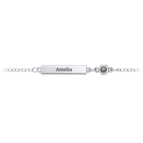Kids and Baby Engravable Bar Bracelet with Bezel Set Stone – Sterling Silver with Smokey Quartz