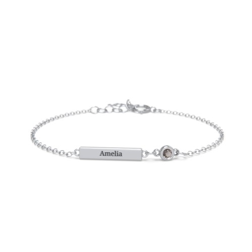 Kids and Baby Engravable Bar Bracelet with Bezel Set Stone – Sterling Silver with Smokey Quartz