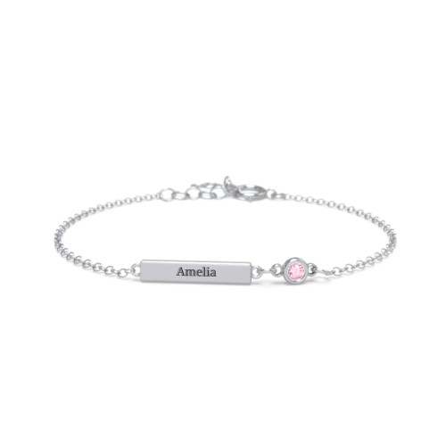 Kids and Baby Engravable Bar Bracelet with Bezel Set Stone – Sterling Silver with Pink Tourmaline