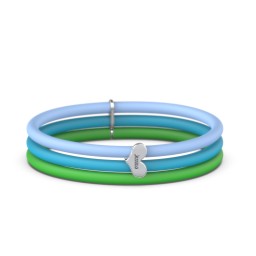 Engravable Sideways Heart Charm Silicone Bracelet Set - Double Style in 925 Sterling Silver