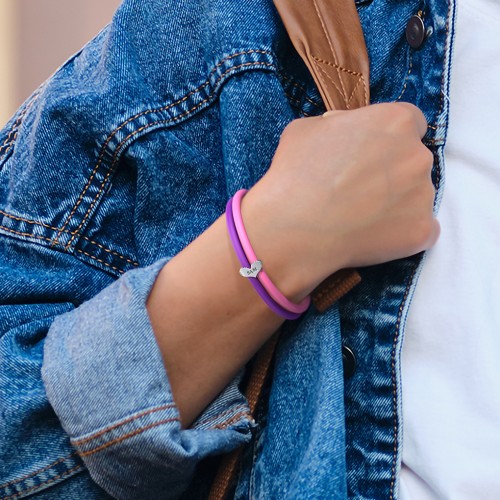 Engravable Sideways Heart Charm Silicone Bracelet Set - Double Style – Sterling Silver