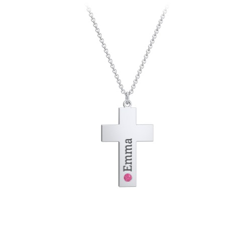Kids Engravable Birthstone Cross Necklace – Sterling Silver with Ruby