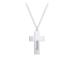 Kids Engravable Birthstone Cross Necklace in 925 Sterling Silver with Peridot