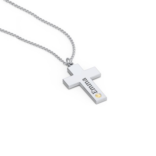 Kids Engravable Birthstone Cross Necklace – Sterling Silver with Citrine