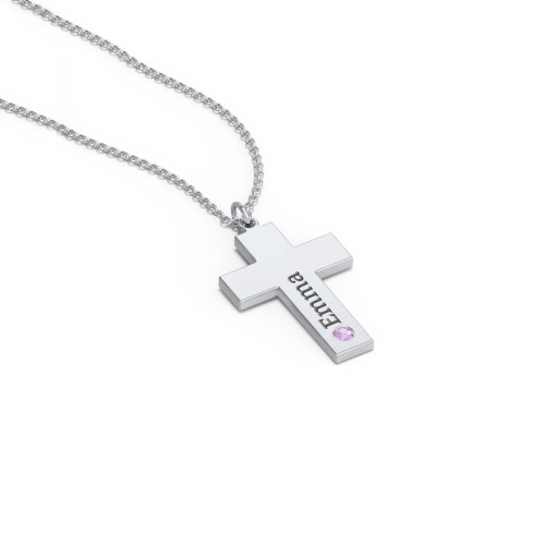 Kids Engravable Birthstone Cross Necklace – Sterling Silver with Amethyst