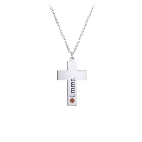 Kids Engravable Birthstone Cross Necklace – Sterling Silver with Garnet