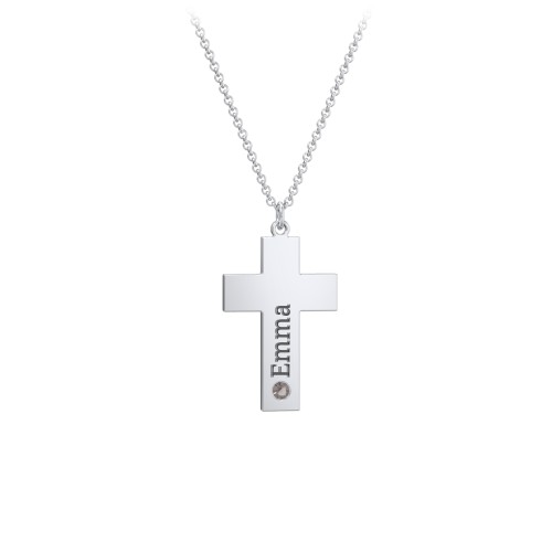 Kids Engravable Birthstone Cross Necklace – Sterling Silver with Smokey Quartz