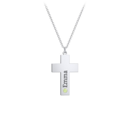 Kids Engravable Birthstone Cross Necklace – Sterling Silver with Peridot