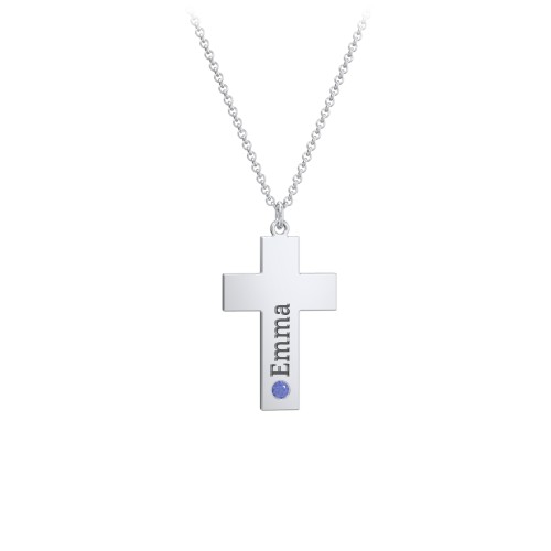 Kids Engravable Birthstone Cross Necklace – Sterling Silver with Blue Sapphire