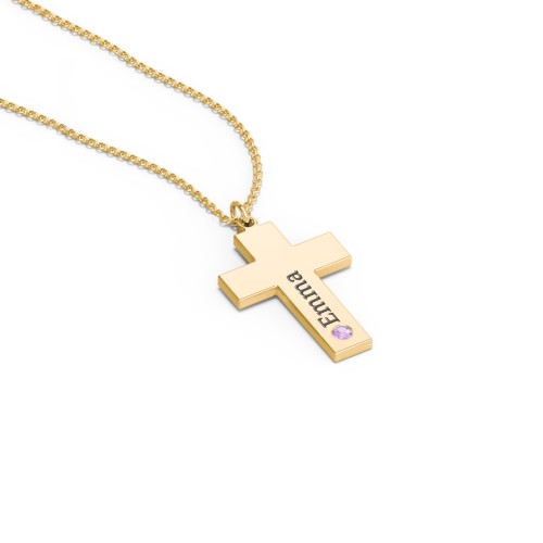 Kids Engravable Birthstone Cross Necklace – 9kt Yellow Gold with Amethyst