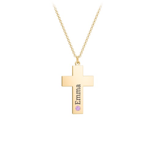 Kids Engravable Birthstone Cross Necklace – 9kt Yellow Gold with Amethyst