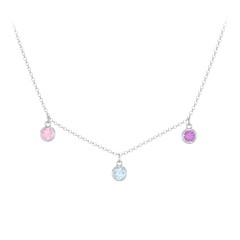 Kids Birthstone Charm Necklace with 3 Stones – Sterling Silver with Pink Tourmaline, Blue Topaz, and Amethyst