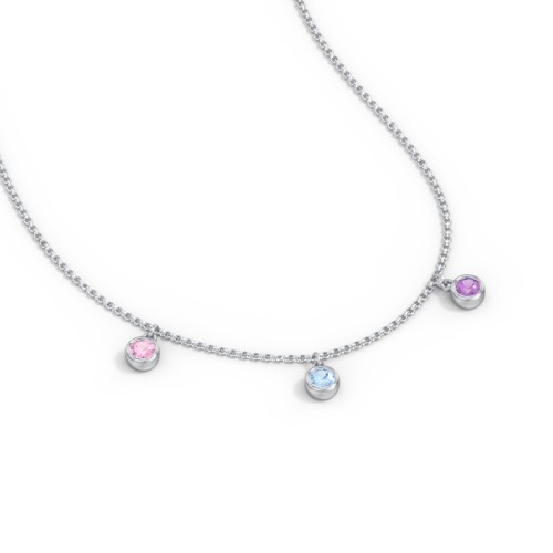 Kids Birthstone Charm Necklace with 3 Stones – Sterling Silver with Pink Tourmaline, Blue Topaz, and Amethyst