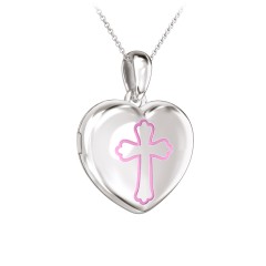 Kids Engravable Heart Photo Locket with Cross Design