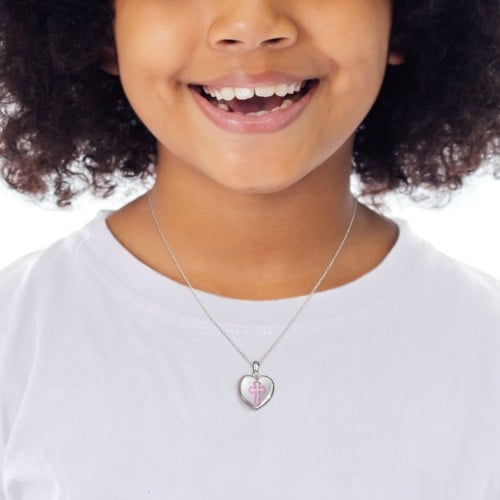 Kids Engravable Heart Photo Locket with Cross Design