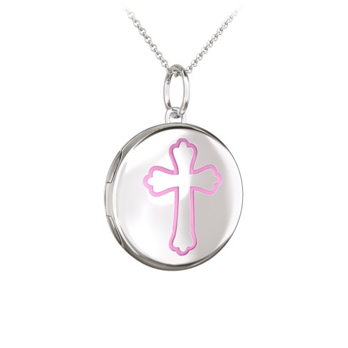 Kids Engravable Round Photo Locket with Cross Design