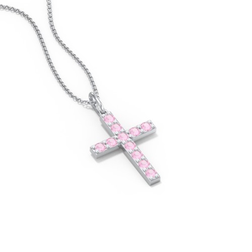 Kids Medium Gemstone Cross Pendant – Sterling Silver with Pink Tourmaline