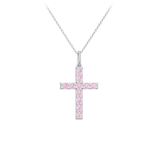 Kids Medium Gemstone Cross Pendant – Sterling Silver with Pink Tourmaline
