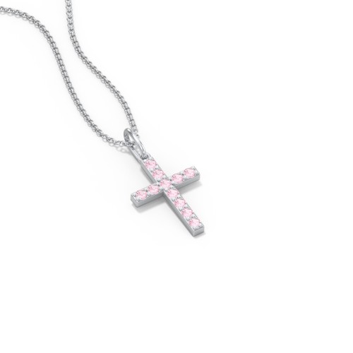 Kids Small Gemstone Cross Pendant – Sterling Silver with Pink Tourmaline