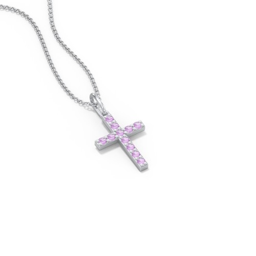 Kids Small Gemstone Cross Pendant – Sterling Silver with Amethyst