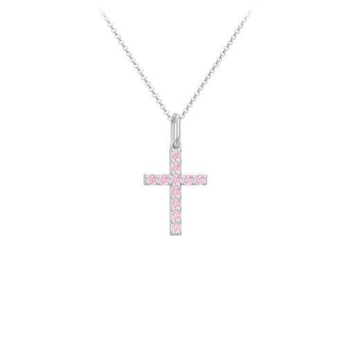 Kids Small Gemstone Cross Pendant – Sterling Silver with Pink Tourmaline