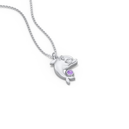 Kids Dolphin Birthstone Critter Necklace – Sterling Silver with Amethyst