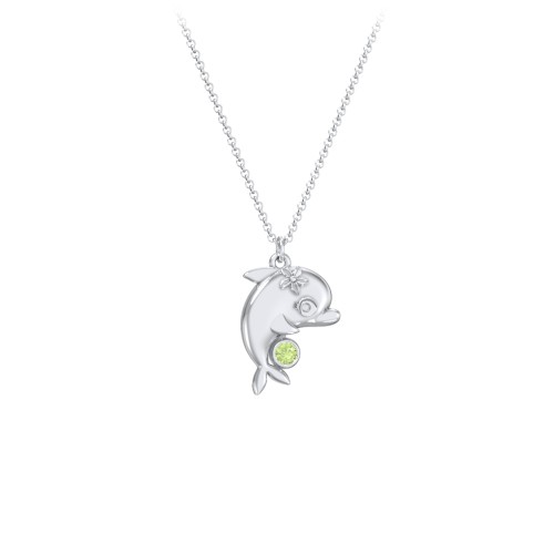 Kids Dolphin Birthstone Critter Necklace – Sterling Silver with Peridot
