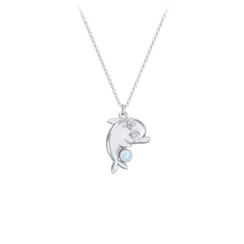Kids Dolphin Birthstone Critter Necklace – Sterling Silver with Blue Topaz