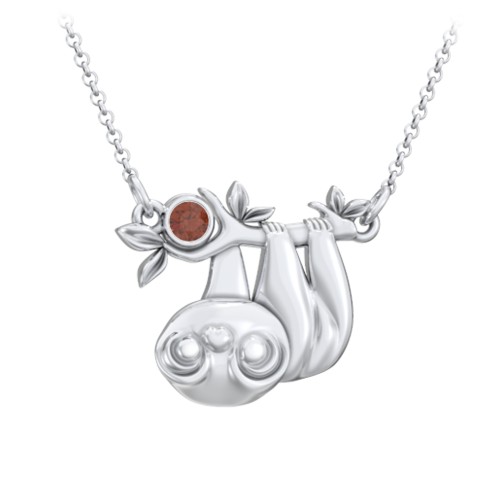 Kids Sloth Birthstone Critter Necklace – Sterling Silver with Garnet