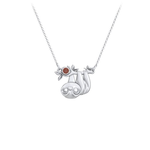 Kids Sloth Birthstone Critter Necklace – Sterling Silver with Garnet