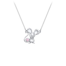 Kids Mouse Birthstone Critter Necklace in 925 Sterling Silver with Pink Tourmaline