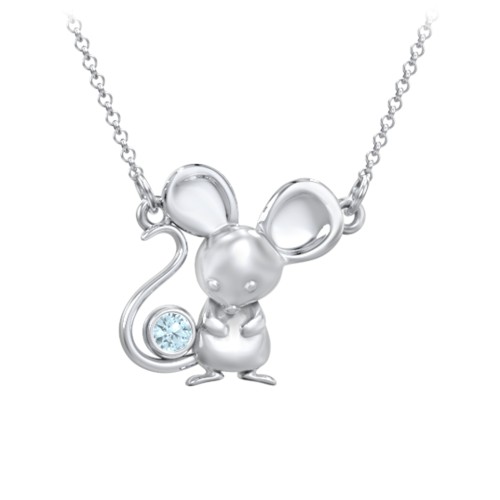 Kids Mouse Birthstone Critter Necklace – Sterling Silver with Blue Topaz