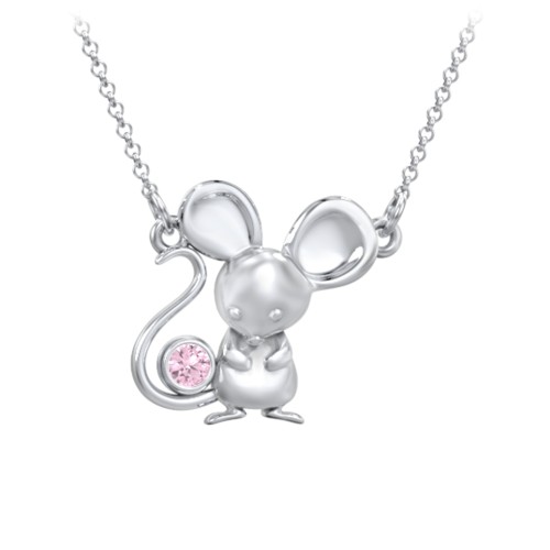 Kids Mouse Birthstone Critter Necklace – Sterling Silver with Pink Tourmaline