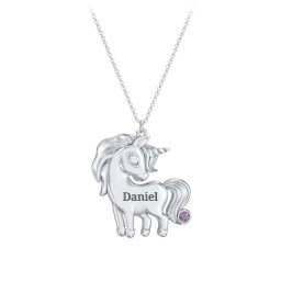 Kids Engravable Unicorn Birthstone Pendant Necklace in 925 Sterling Silver