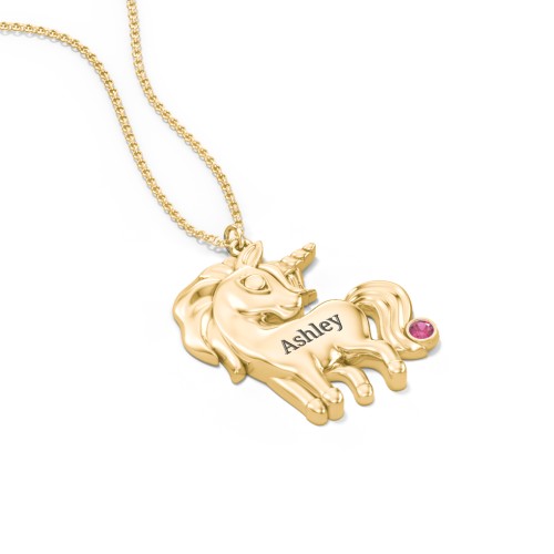 Kids Engravable Unicorn Birthstone Pendant Necklace – 9kt Yellow Gold with Ruby