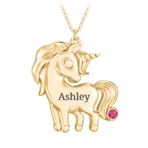 Kids Engravable Unicorn Birthstone Pendant Necklace – 9kt Yellow Gold with Ruby