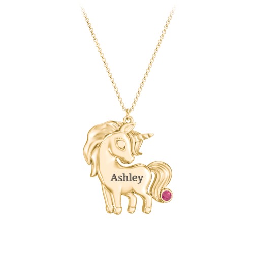 Kids Engravable Unicorn Birthstone Pendant Necklace – 9kt Yellow Gold with Ruby