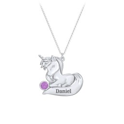 Kids Engravable Sitting Unicorn Birthstone Necklace