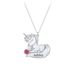 Kids Engravable Sitting Unicorn Birthstone Necklace – Sterling Silver with Ruby