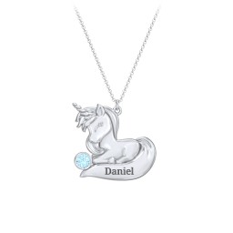Kids Engravable Sitting Unicorn Birthstone Necklace in 925 Sterling Silver with Blue Topaz