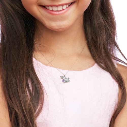 Kids Engravable Sitting Unicorn Birthstone Necklace – Sterling Silver with Ruby