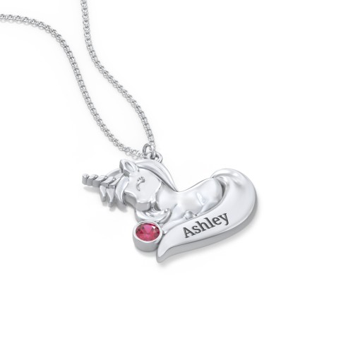 Kids Engravable Sitting Unicorn Birthstone Necklace – Sterling Silver with Ruby