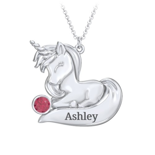 Kids Engravable Sitting Unicorn Birthstone Necklace – Sterling Silver with Ruby