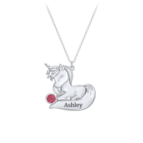 Kids Engravable Sitting Unicorn Birthstone Necklace – Sterling Silver with Ruby